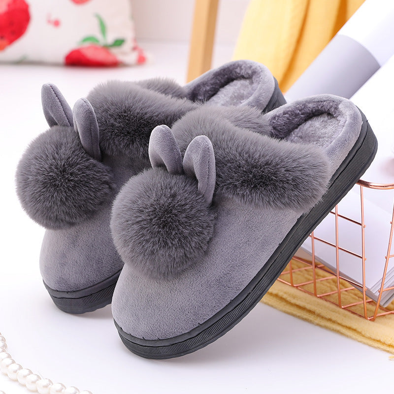 Cute Cartoon Ball Ball Rabbit Ears Women's Home Cotton Slippers Couple Plush Cotton Slippers