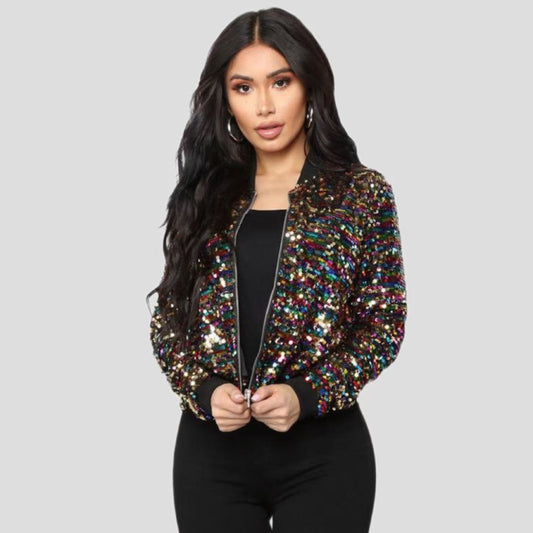 Women's Sequins Zipper Clothes Long Sleeve Cardigan Jacket