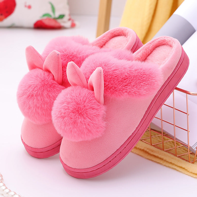 Cute Cartoon Ball Ball Rabbit Ears Women's Home Cotton Slippers Couple Plush Cotton Slippers