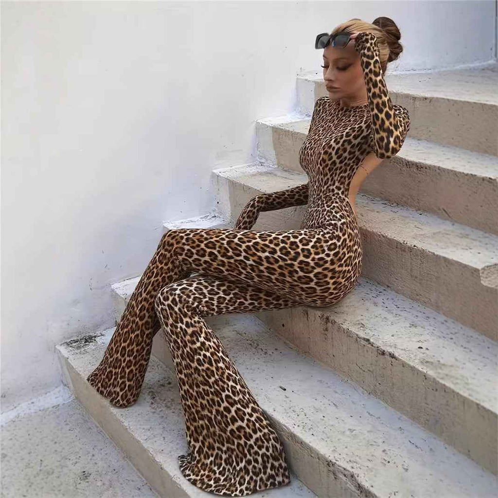 Sexy Waist Trimming Backless Print Leopard-print Slim-fit Jumpsuit