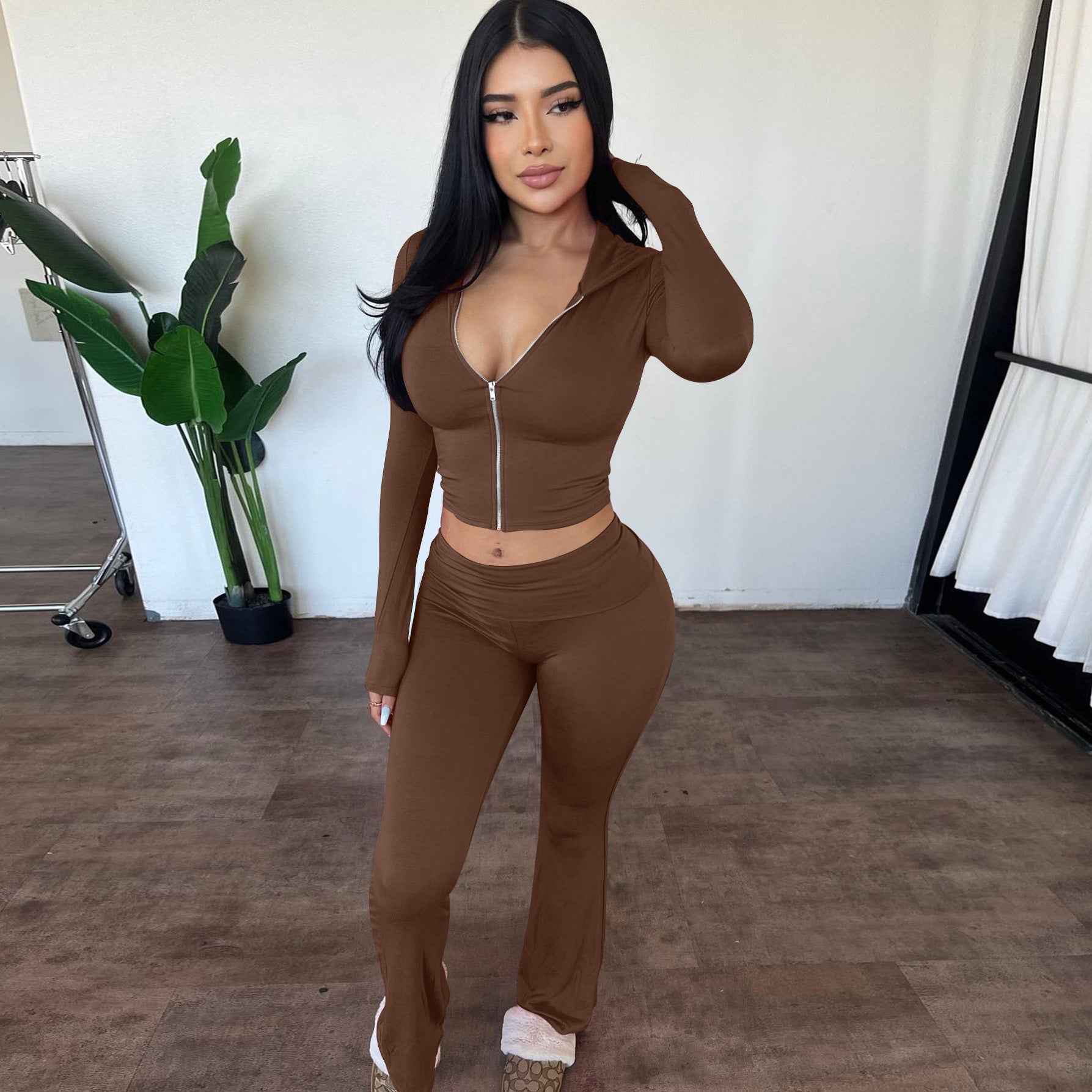 Damen Sets mit Langarm-Hoodie und Flared Pants - Kapuzenoberteil mit Reißverschluss und passender Hose