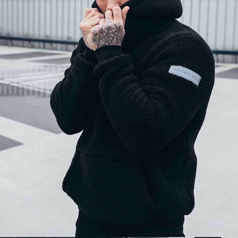 Men's Plush Hoodies Sweatshirt With Big Pocket Fashion Long-sleeved Pullover Hooded Top Solid Clothing