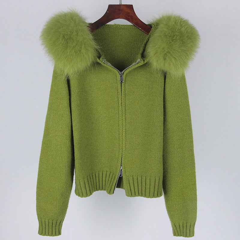 Spring Coat Women's Zipper Real Fox Fur Collar Hooded