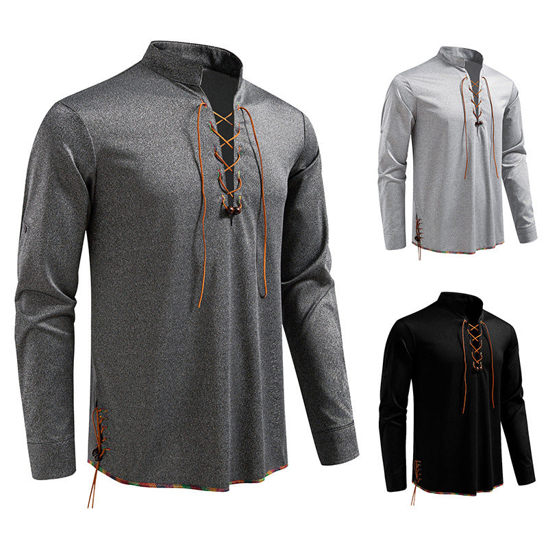 Drawstring Design Men's Stand-up Collar Long Sleeve T-shirt