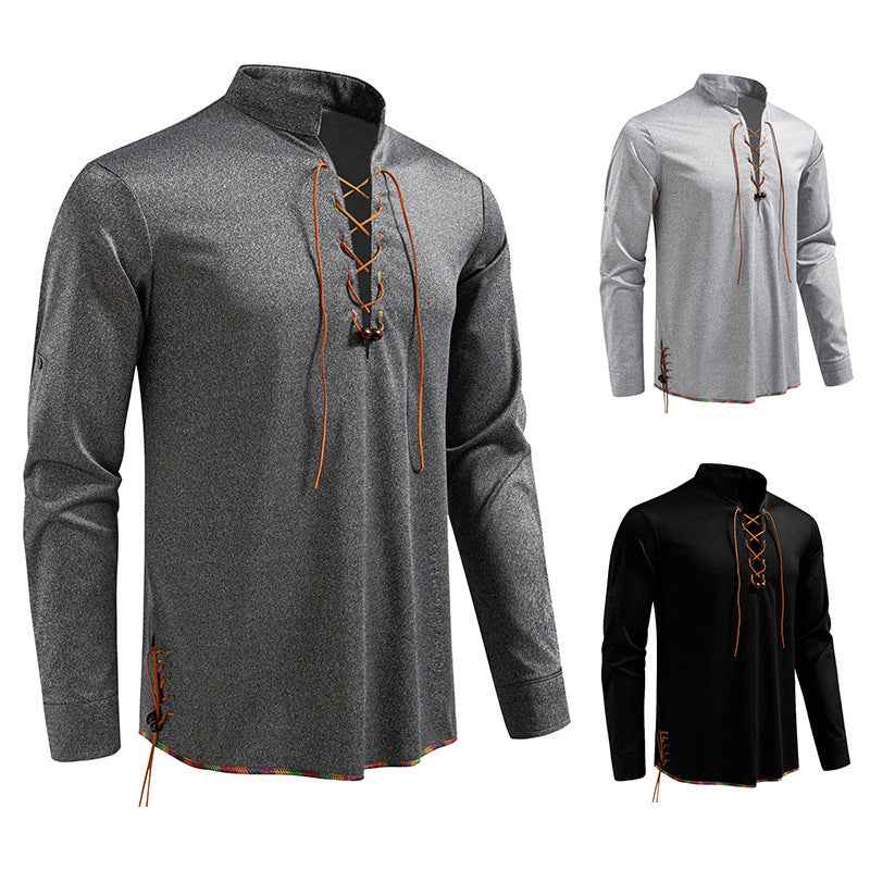 Drawstring Design Men's Stand-up Collar Long Sleeve T-shirt