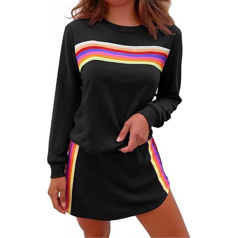 Simple Loose Rainbow Round Neck Sweater Trousers Two-piece Set