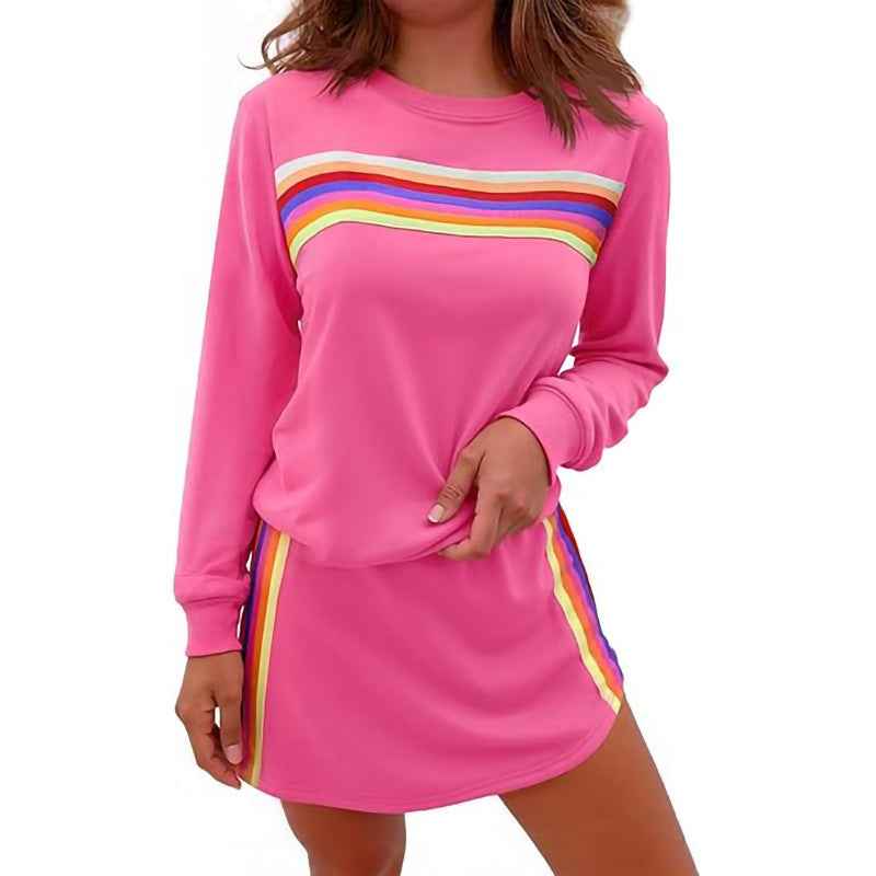 Simple Loose Rainbow Round Neck Sweater Trousers Two-piece Set