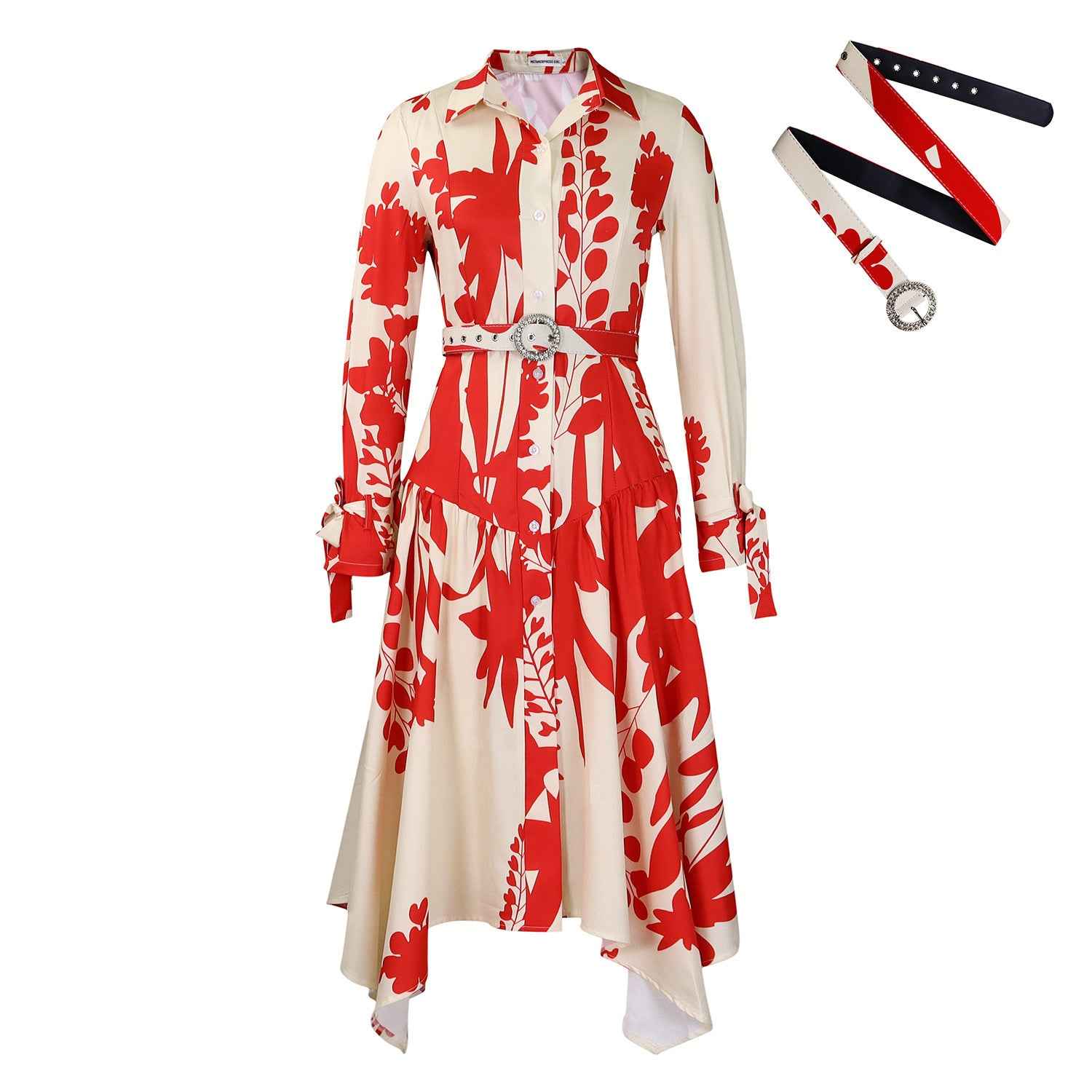 Langarm Druck Kragen unregelmäßiges lockeres Kleid für einen lässigen Stil