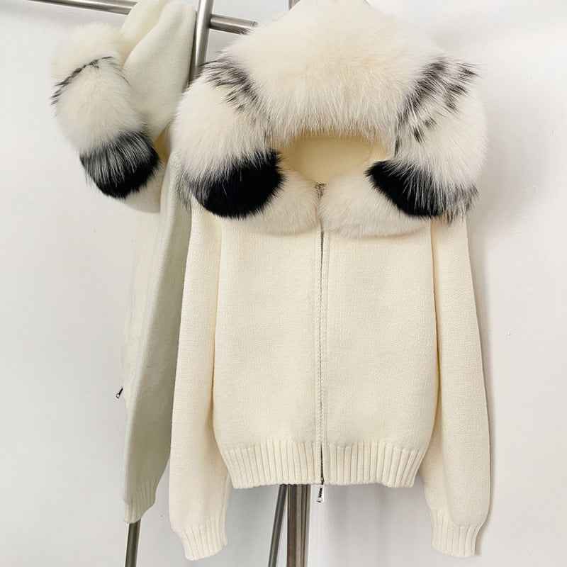 Spring Coat Women's Zipper Real Fox Fur Collar Hooded
