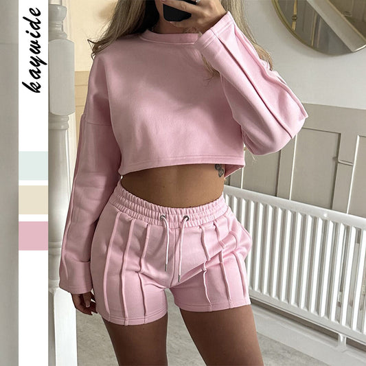 Casual Solid Color Hoodie Shorts Suit For Women
