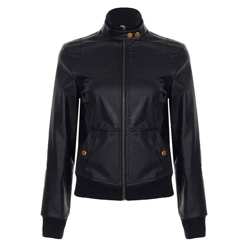 American Street Locomotive Style Waist Trimming Short Stand Collar PU Leather Jacket