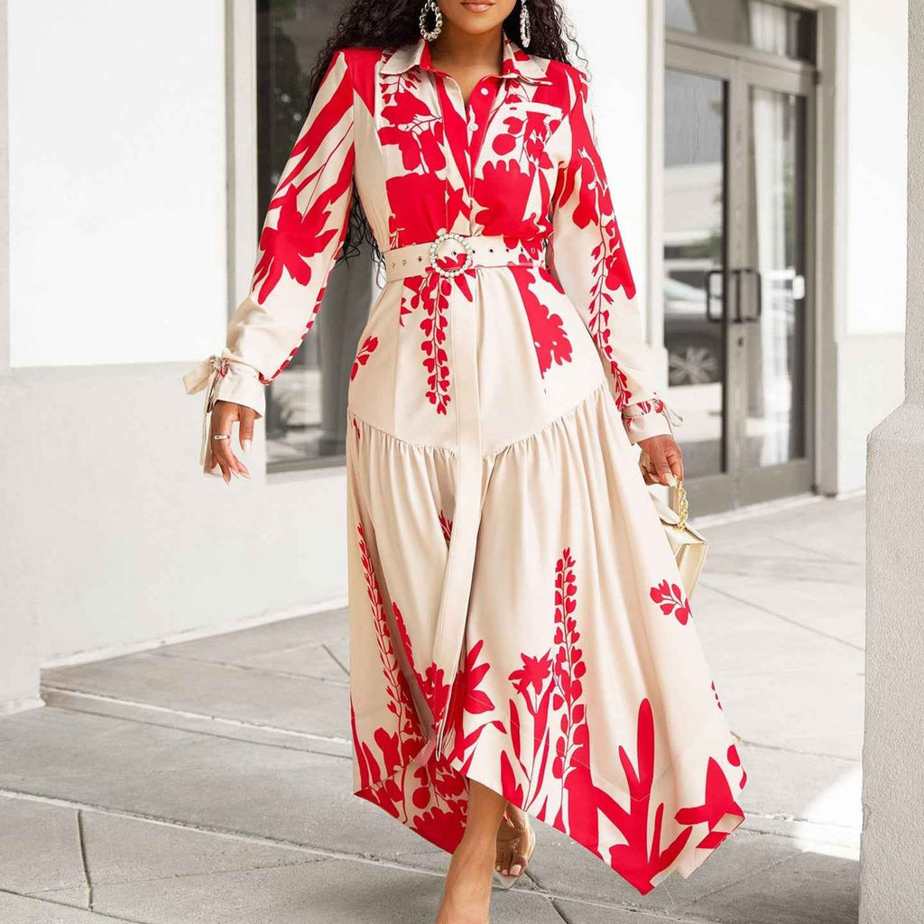Langarm Druck Kragen unregelmäßiges lockeres Kleid für einen lässigen Stil