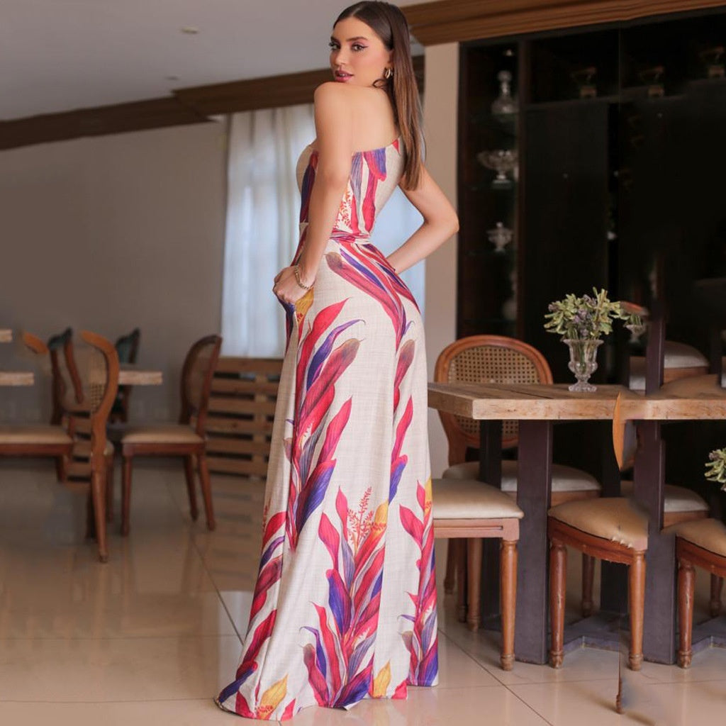 Women's Fashion One-shoulder Printed Sleeveless Dress Sexy Slim Fit