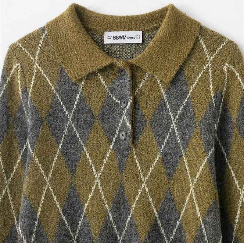 Women's Notched Lapel Long-sleeve Buttoned Diamond-patterned Knitted Sweater