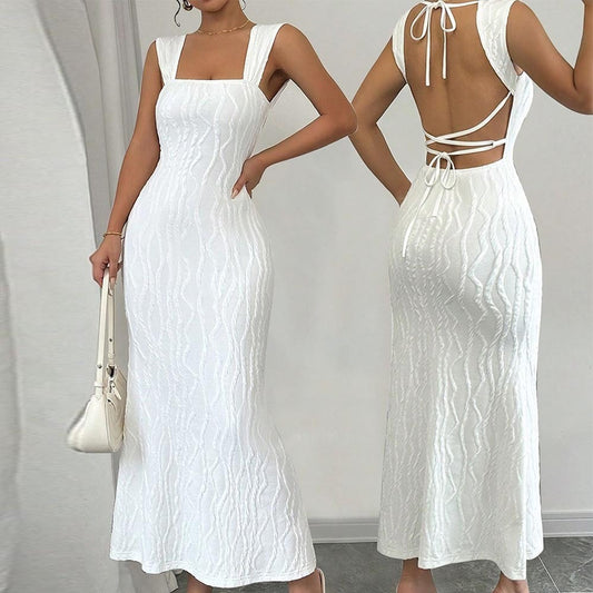 Striped Sexy Square Collar Sling Backless Long Dress