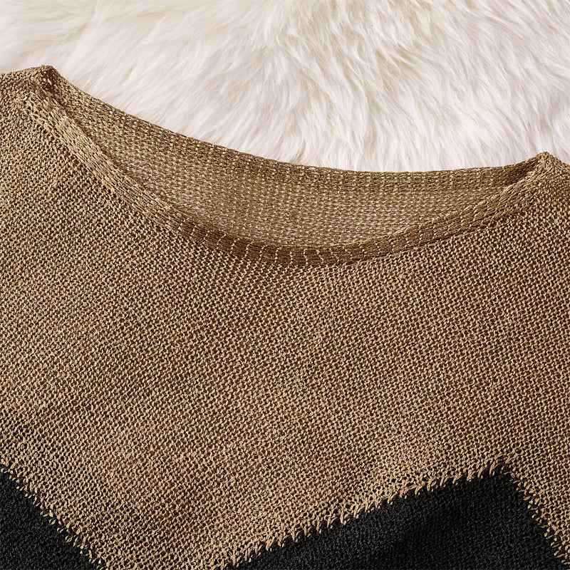 Women's Color-Block Batwing Sleeve Top, Loose Fit Round Neck Knit Sweater For Spring And Fall