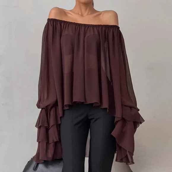 Sexy Dark Brown Off-shoulder Ruffle Top Women's Thin Long Sleeve Chiffon Shirt