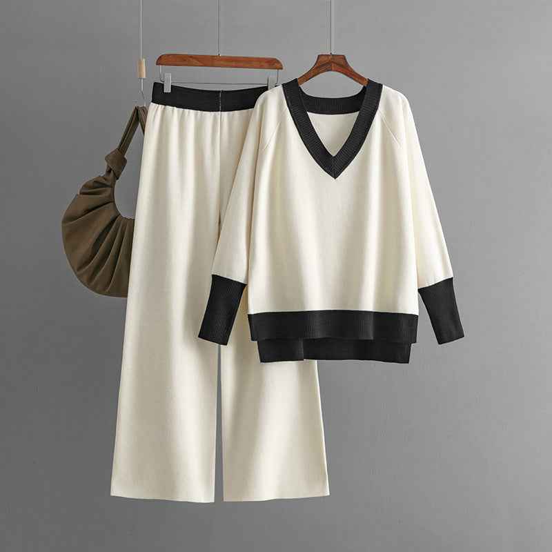 Women's V-collar Contrast Color Knitted Loose Wide-leg Pants Two-piece Set