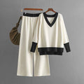 Women's V-collar Contrast Color Knitted Loose Wide-leg Pants Two-piece Set