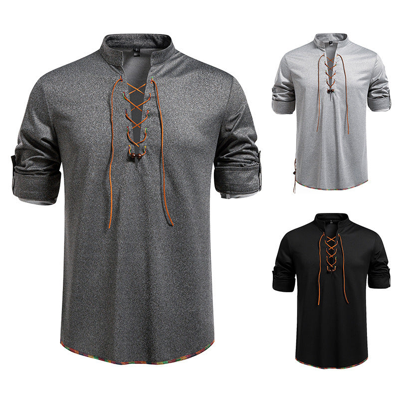 Drawstring Design Men's Stand-up Collar Long Sleeve T-shirt