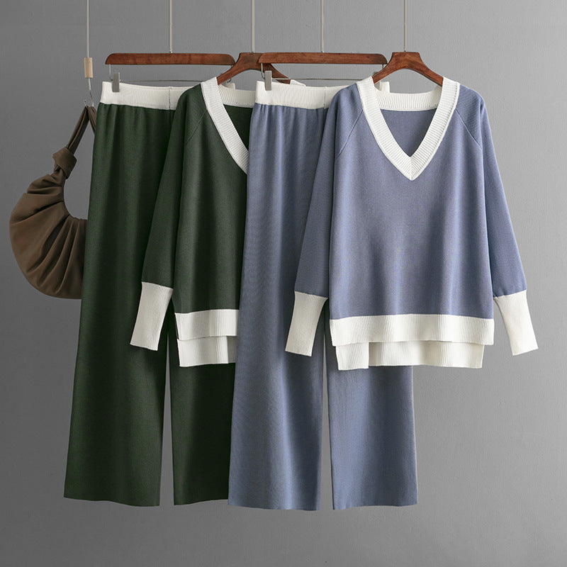 Women's V-collar Contrast Color Knitted Loose Wide-leg Pants Two-piece Set