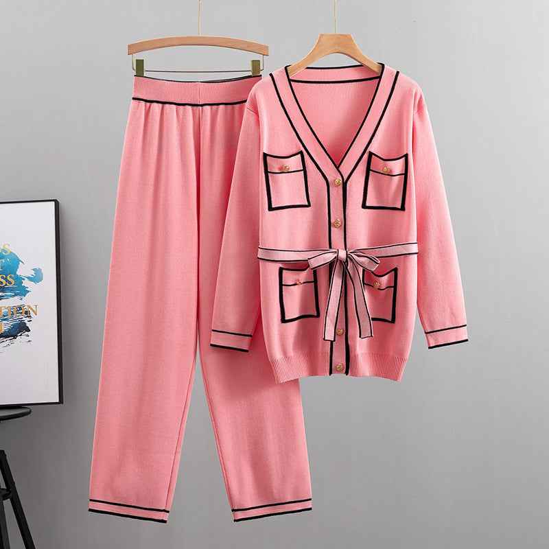 Winter Knitted Cardigan Wide-leg Pants Suit Women's